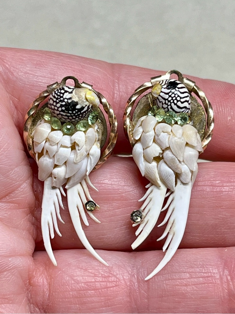 Vintage Exotic Bird Shell Clip On Statement Earrings Gold Tone Artisan Handmade